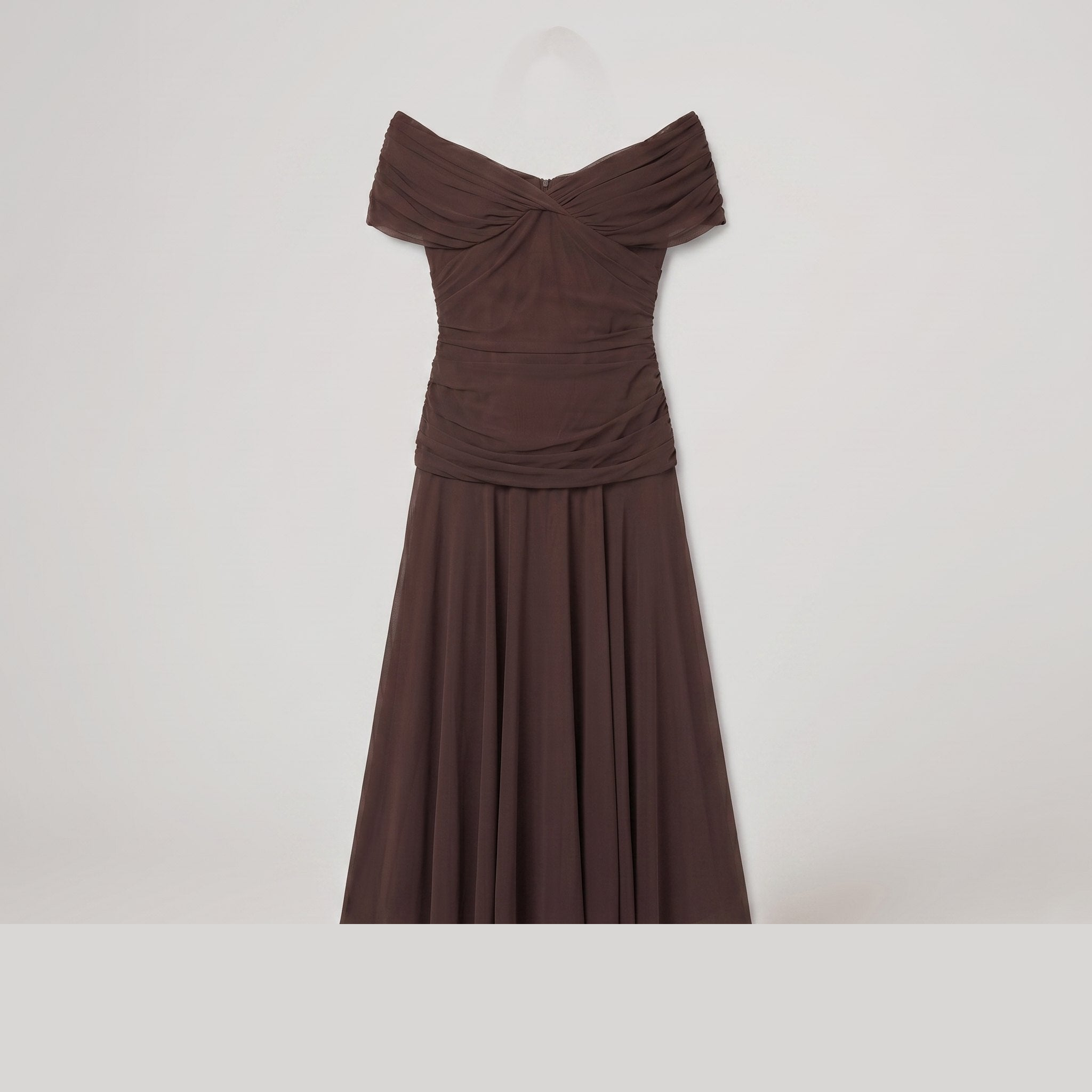 Caden off-shoulder midi dress in brown, flat lay product shot