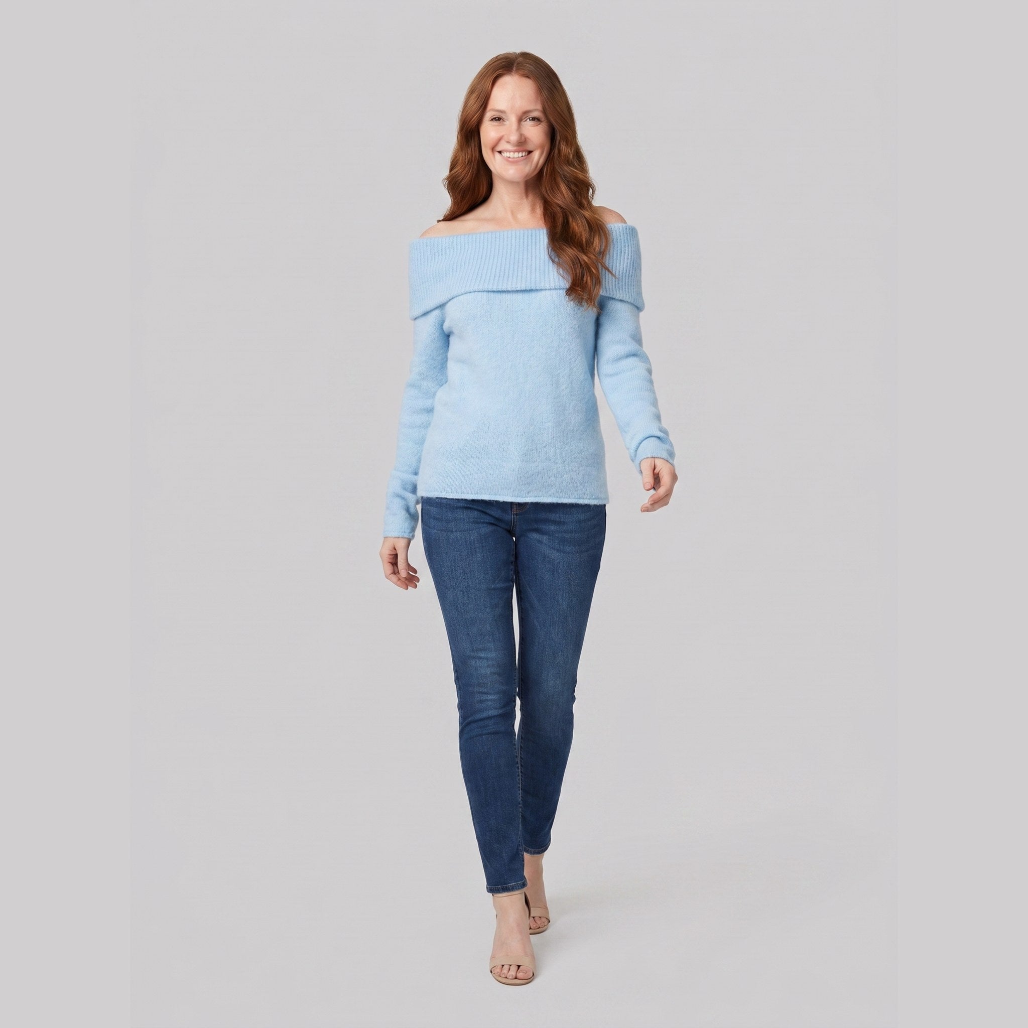 Clara off-shoulder knit top in light blue on model