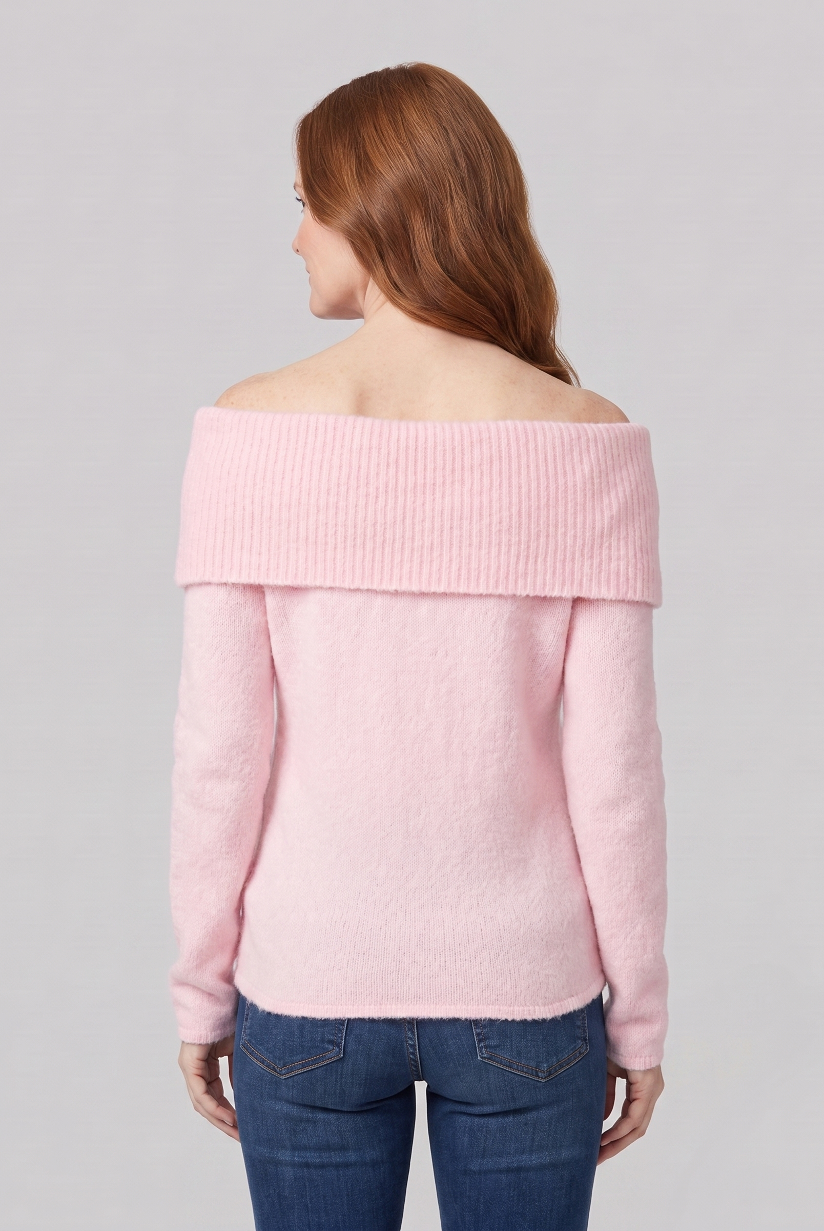 Clara off-shoulder knit top in pink, back view on model
