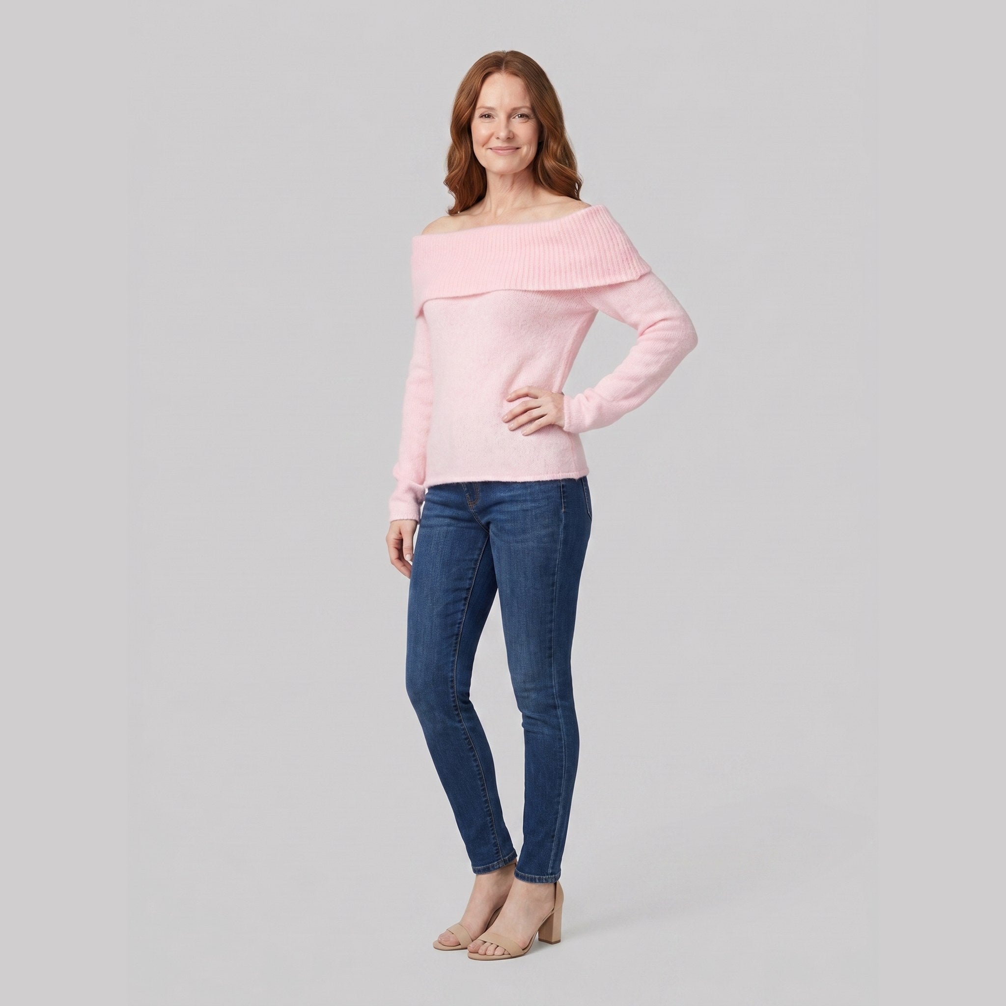 Clara off-shoulder knit top in pink on model