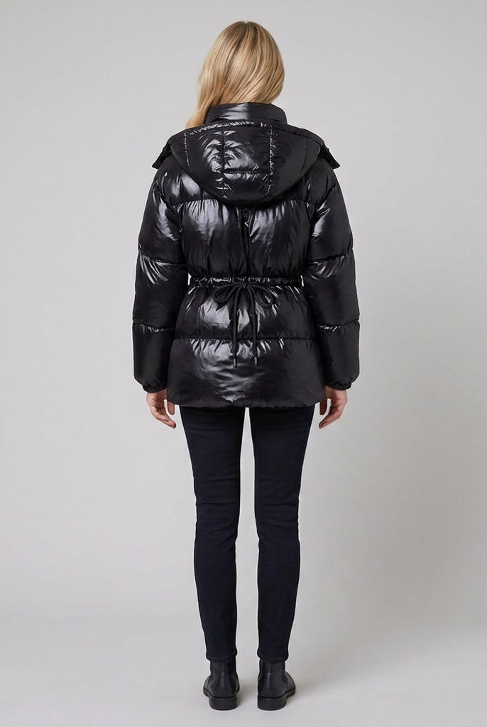 Cleo glossy quilted puffer jacket in black, back view on model
