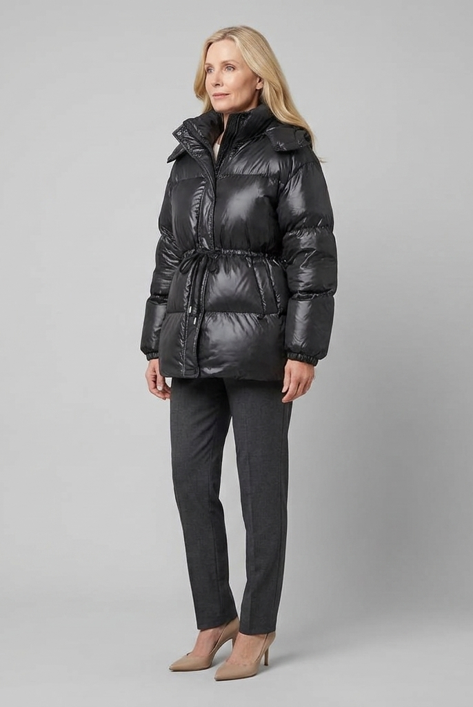 Cleo glossy quilted puffer jacket in black, side view on model