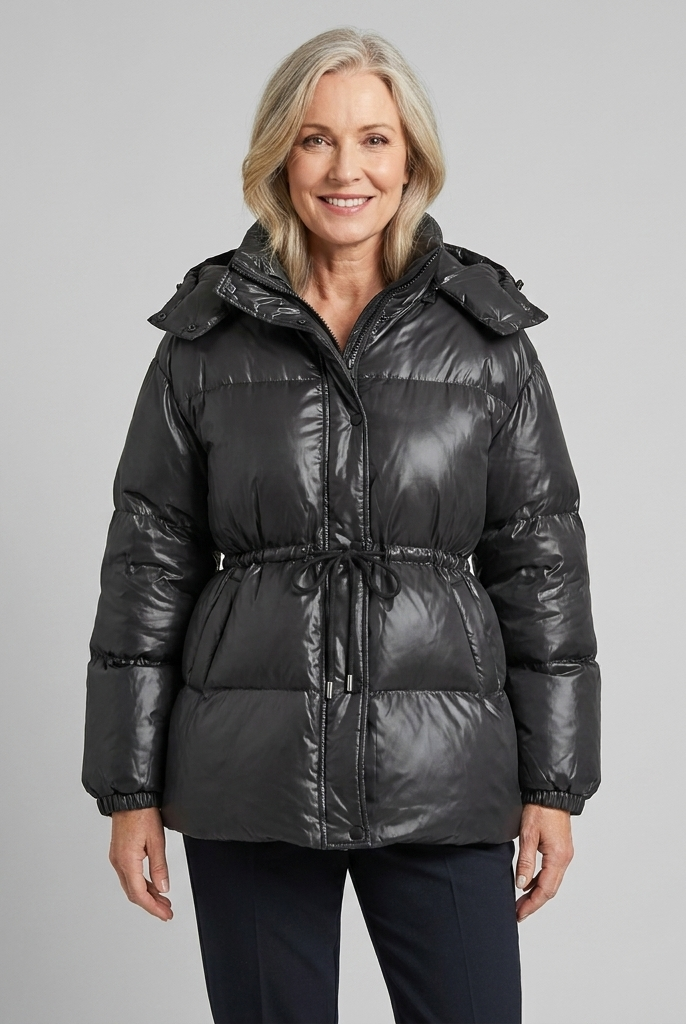 Cleo glossy quilted hooded puffer jacket in black on model
