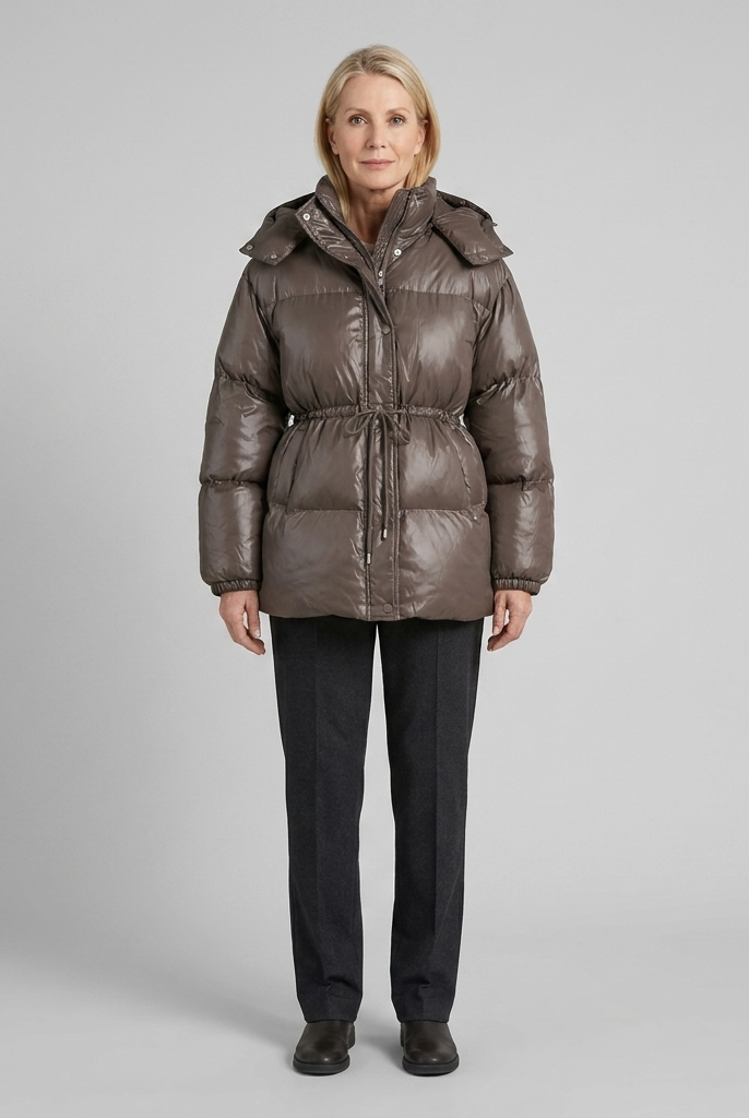 Cleo glossy quilted hooded puffer jacket in brown on model