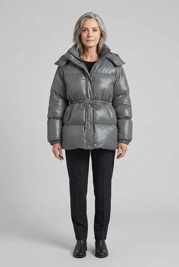 Cleo glossy quilted hooded puffer jacket in dark grey on model