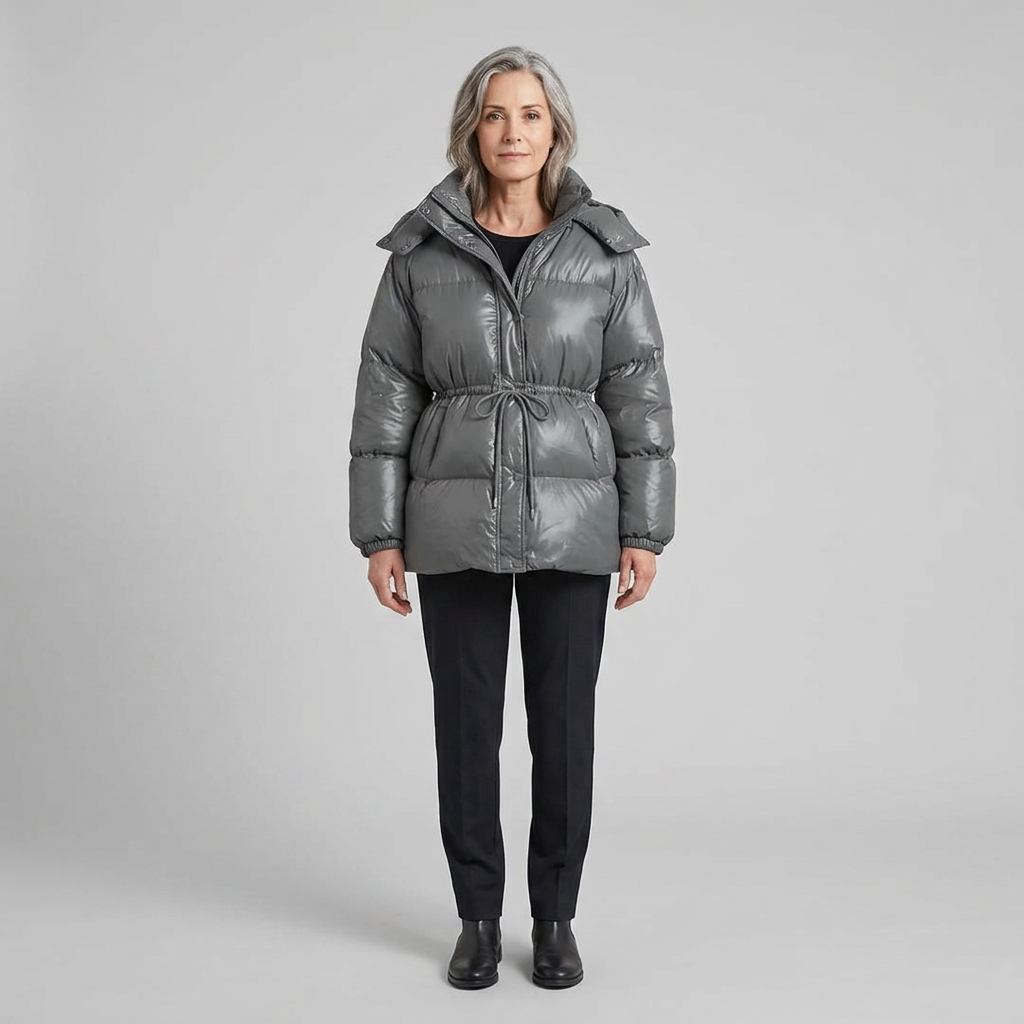 Cleo glossy quilted hooded puffer jacket in dark grey on model
