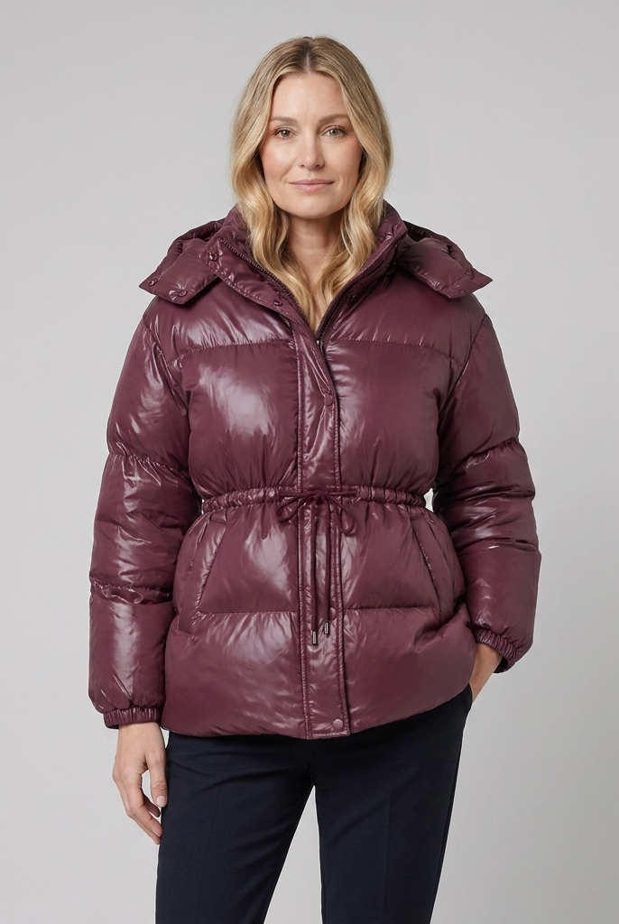 Cleo glossy quilted hooded puffer jacket in dark red on model