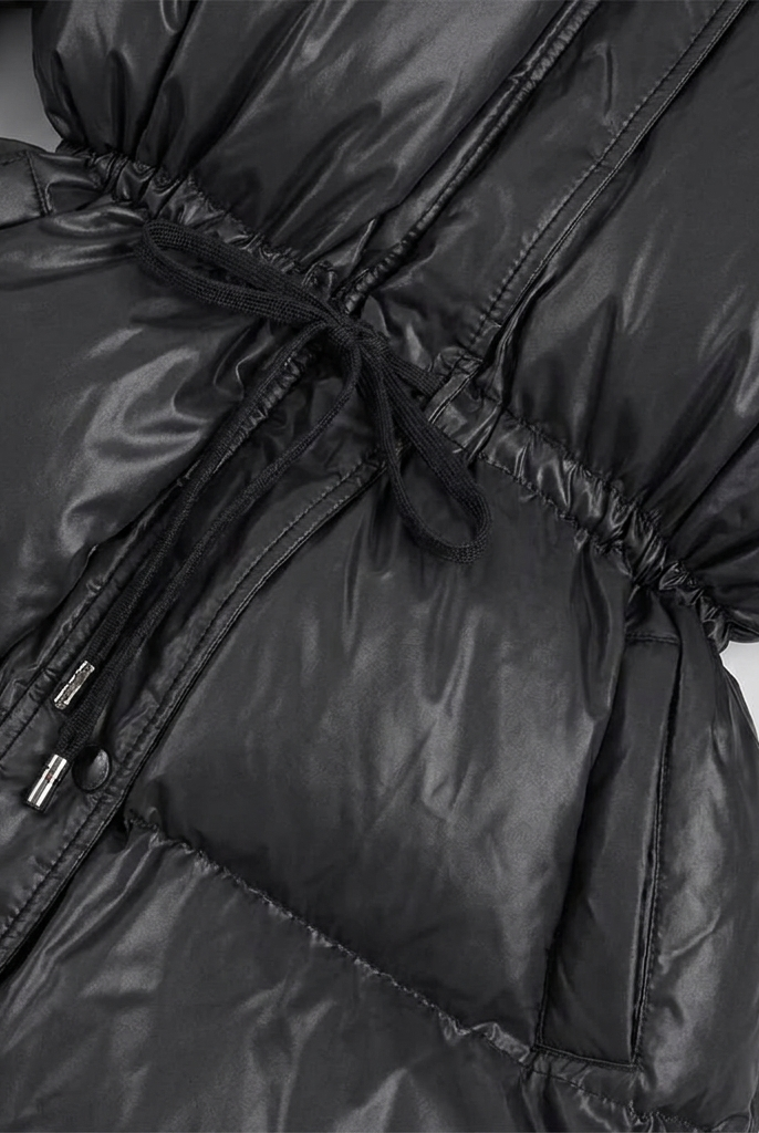 Cleo puffer jacket drawstring waist and glossy quilting close-up
