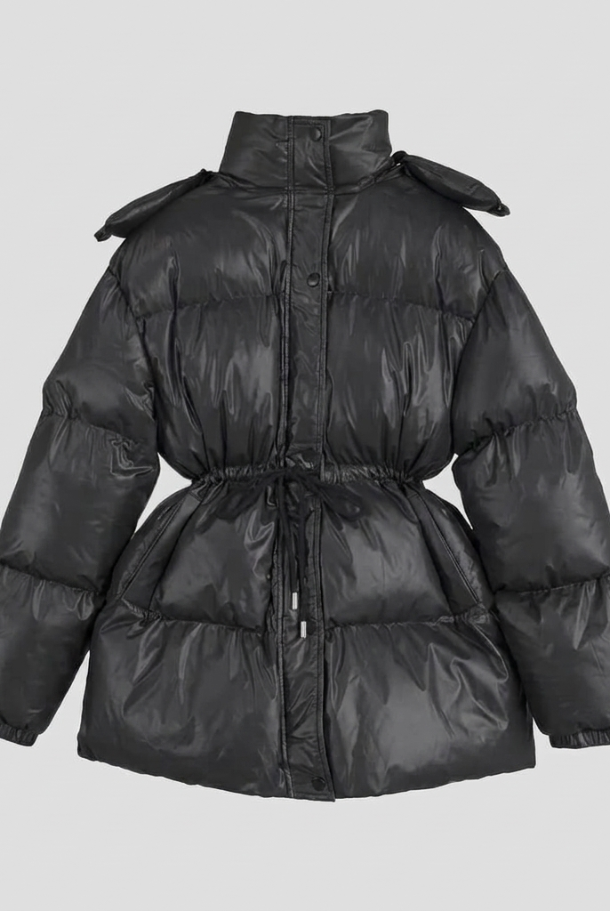 Cleo glossy quilted hooded puffer jacket, flat lay product shot