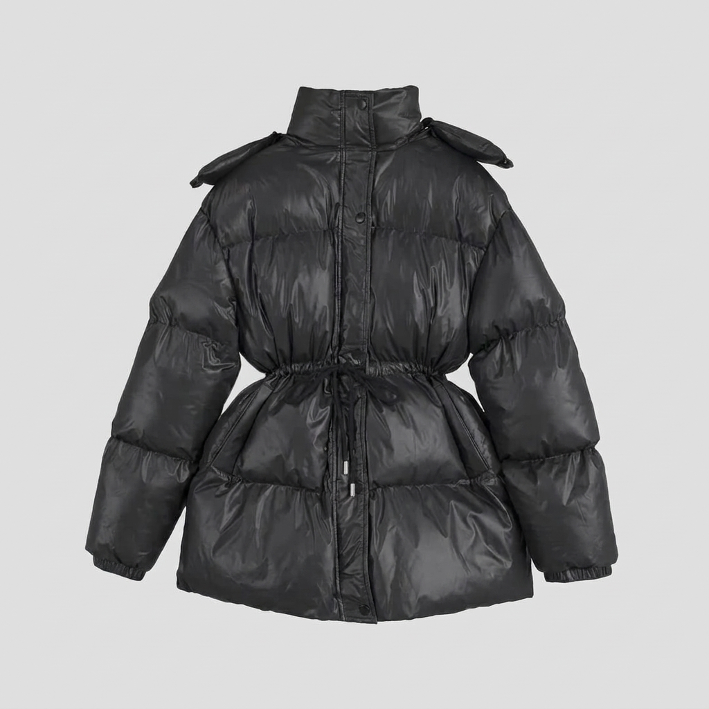 Cleo glossy quilted hooded puffer jacket, flat lay product shot