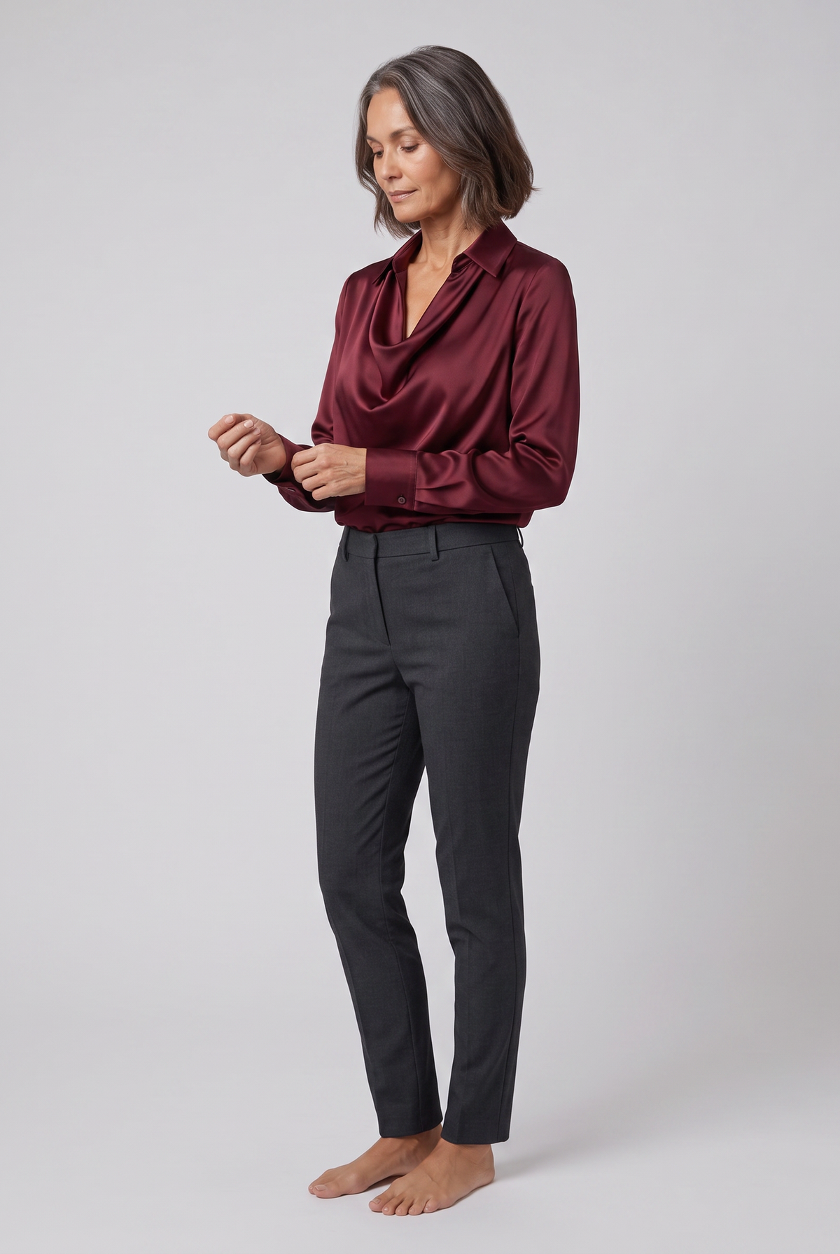 Dalia draped cowl-neck blouse in burgundy on model