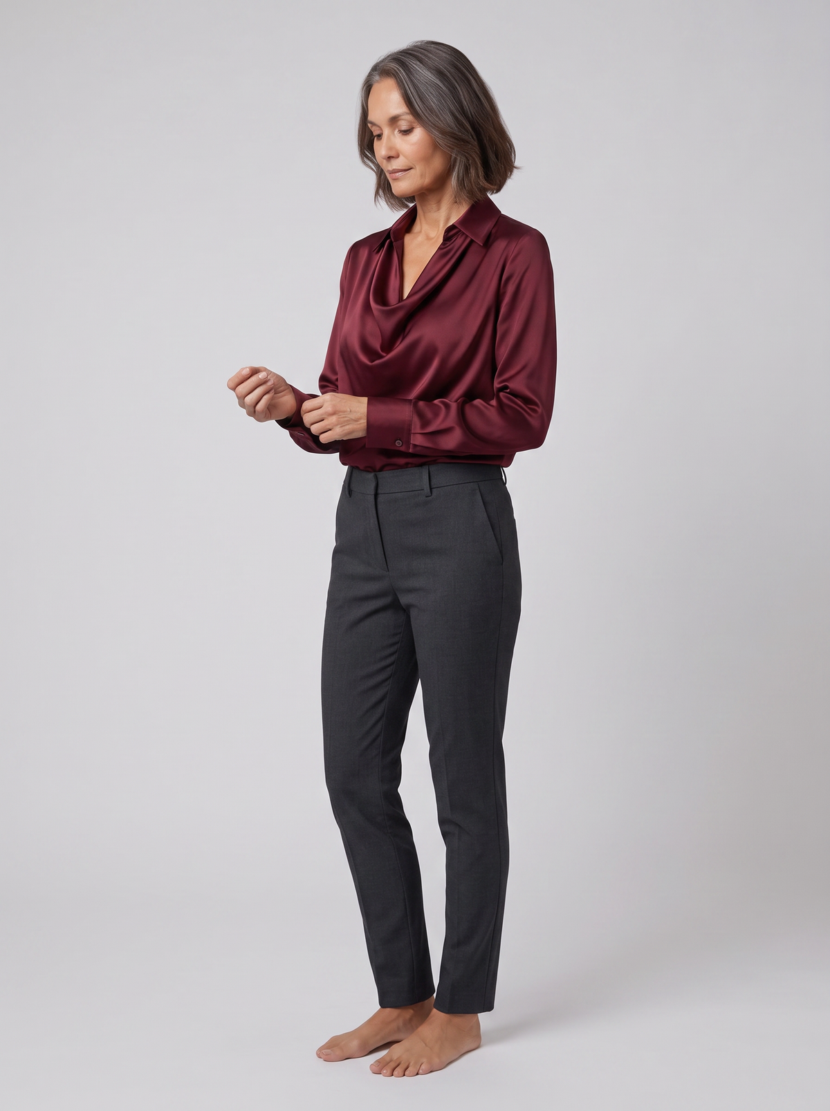 Dalia draped cowl-neck blouse in burgundy on model