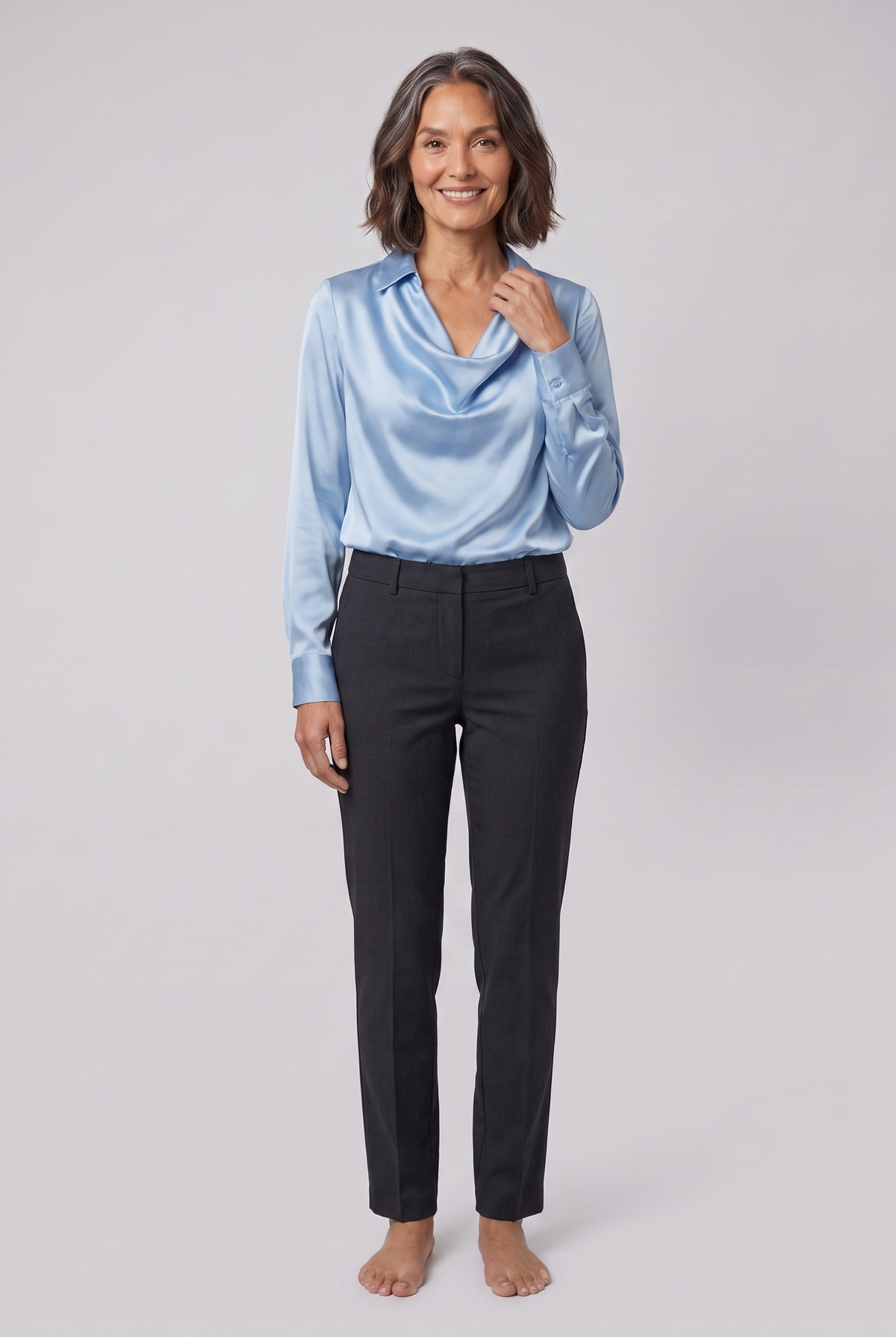 Dalia draped cowl-neck blouse in light blue on model