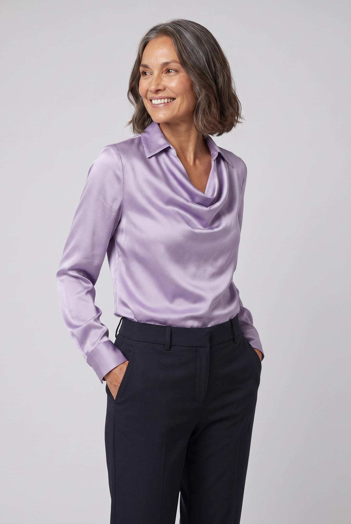 Dalia draped cowl-neck blouse in lilac on model
