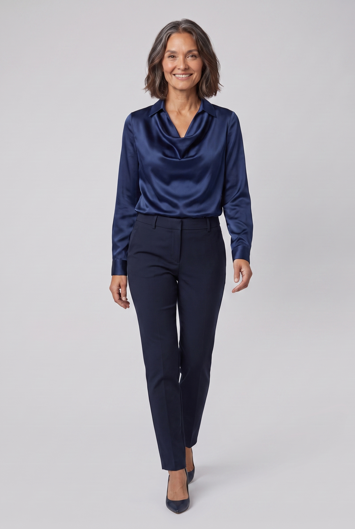 Dalia draped cowl-neck blouse in navy on model