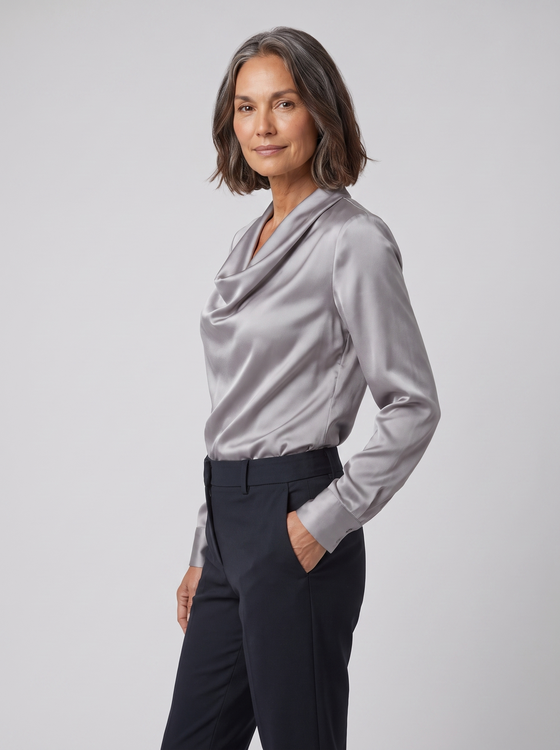 Dalia draped cowl-neck blouse in silver on model