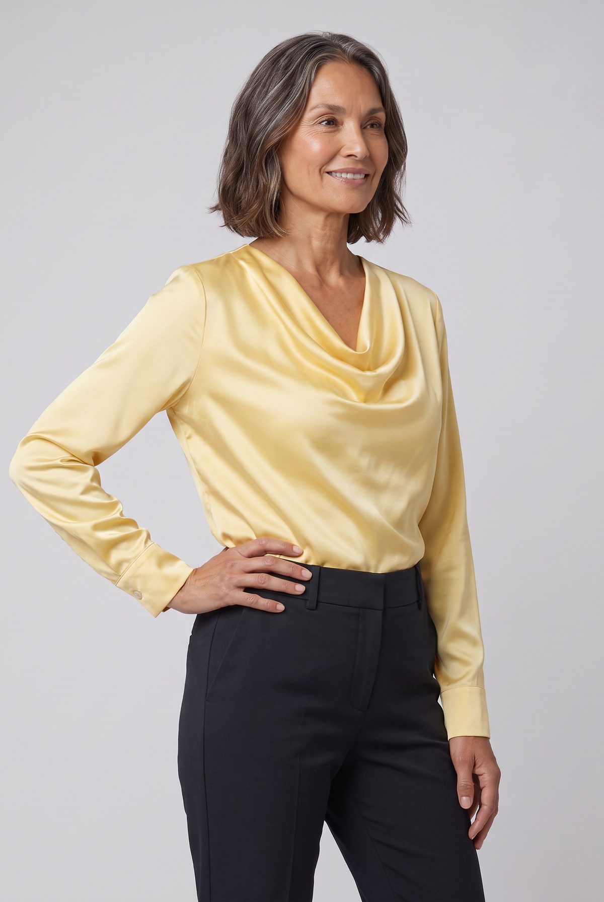 Dalia draped cowl-neck blouse in yellow on model
