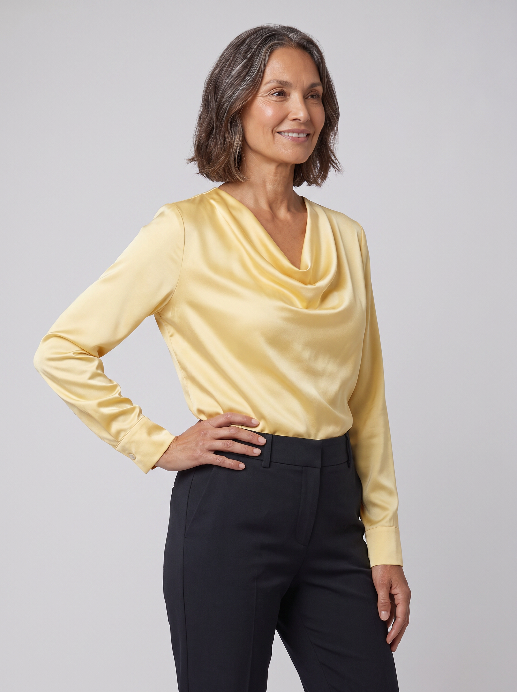 Dalia draped cowl-neck blouse in yellow on model