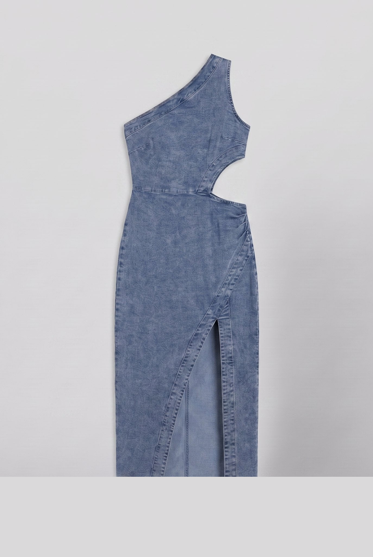 Dazzle one-shoulder cut-out denim midi dress, flat lay product shot