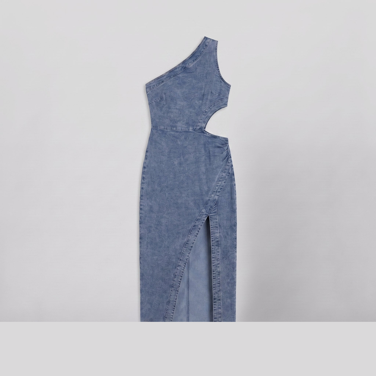 Dazzle one-shoulder cut-out denim midi dress, flat lay product shot