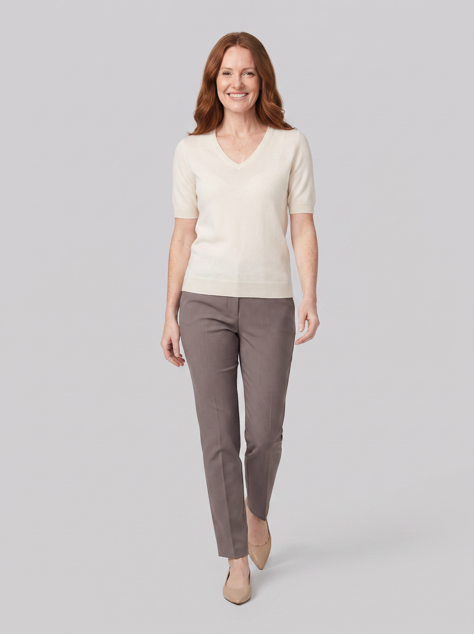 Elysia wool-blend V-neck knit top in cream on model
