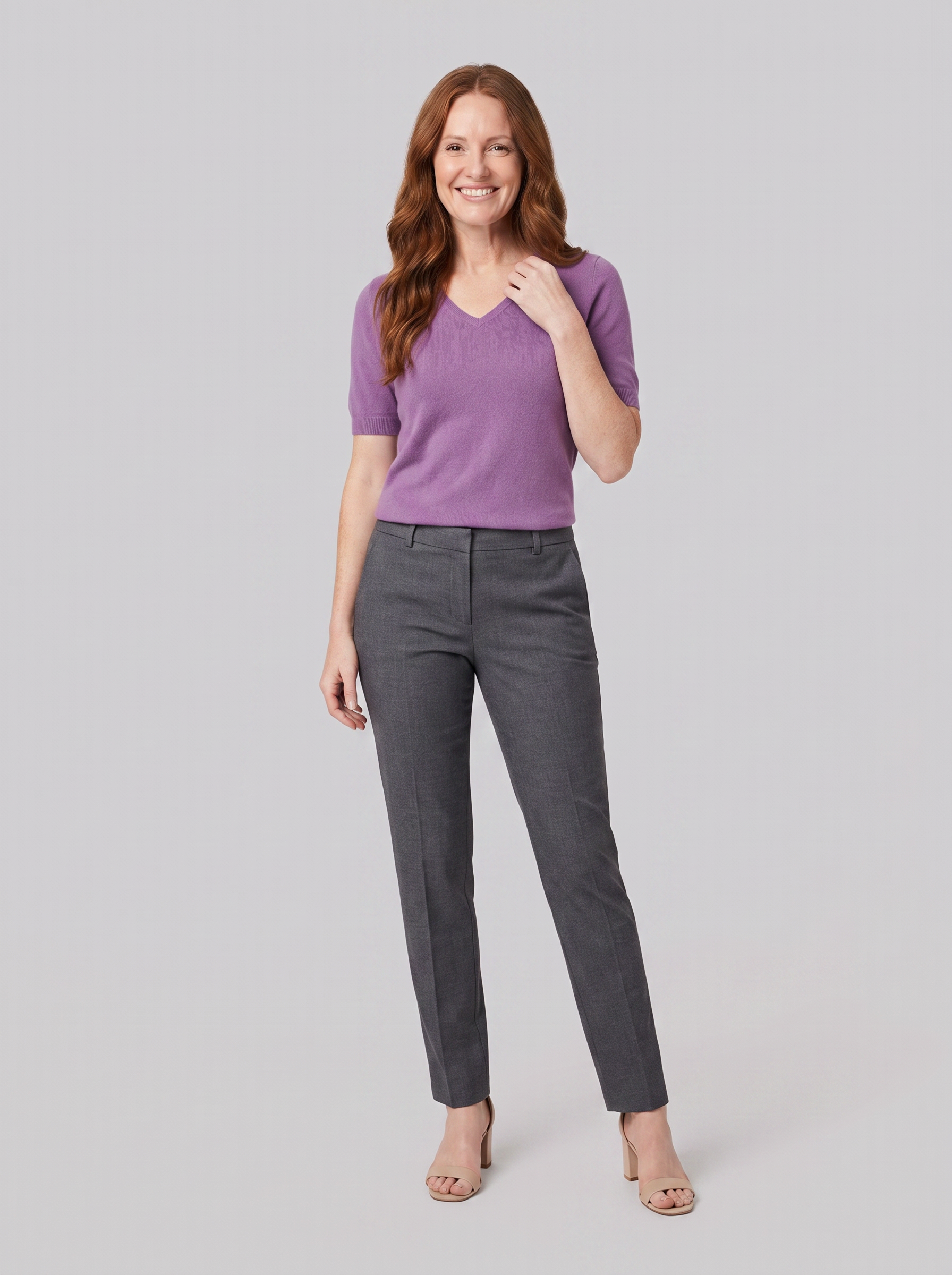 Elysia wool-blend V-neck knit top in purple on model