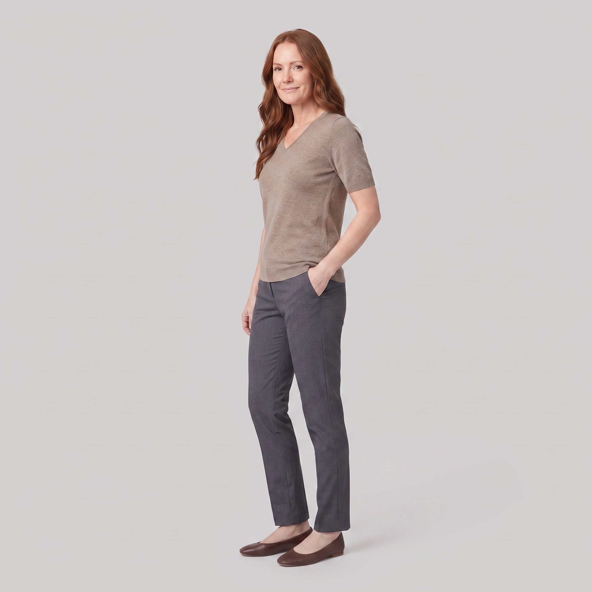 Elysia V-neck knit top in taupe, side view on model