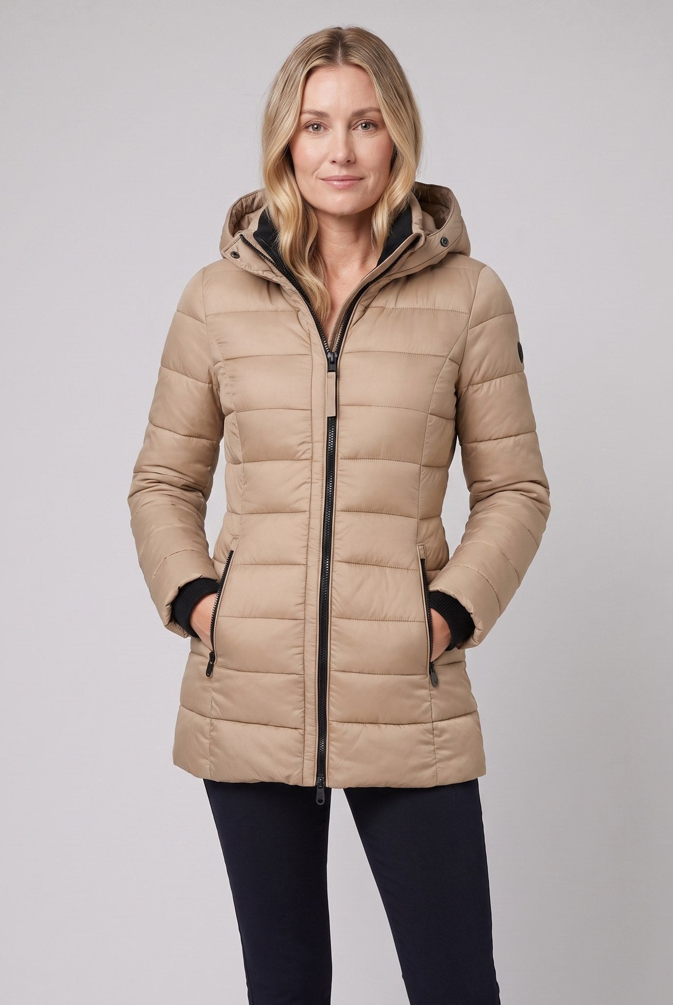 Evara lightweight hooded puffer jacket in camel on model