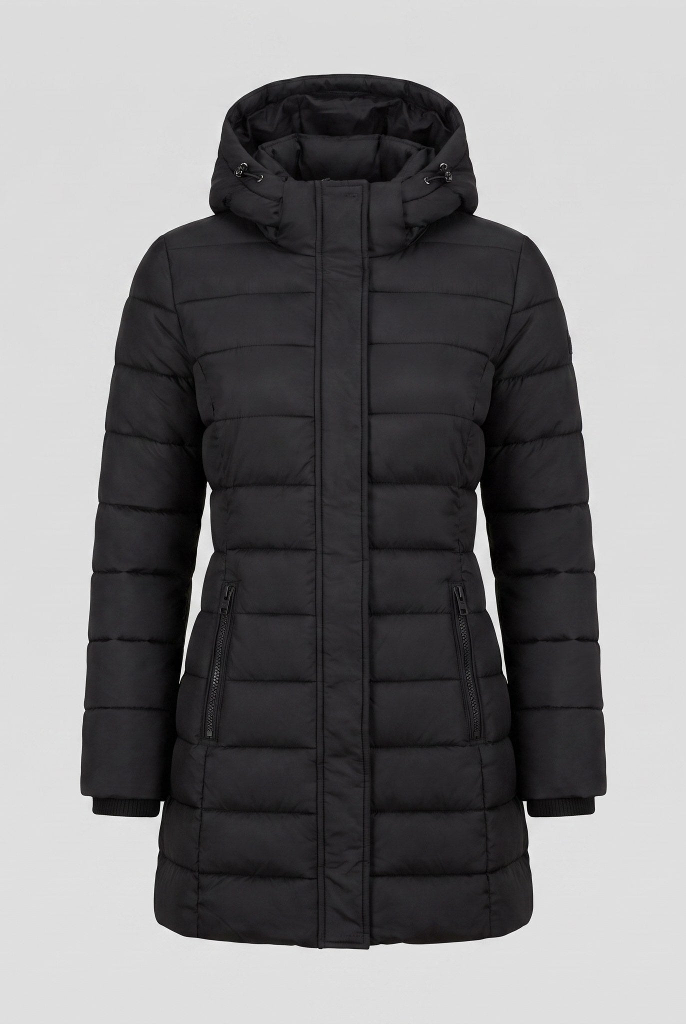 Evara lightweight hooded puffer jacket in black, flat lay product shot