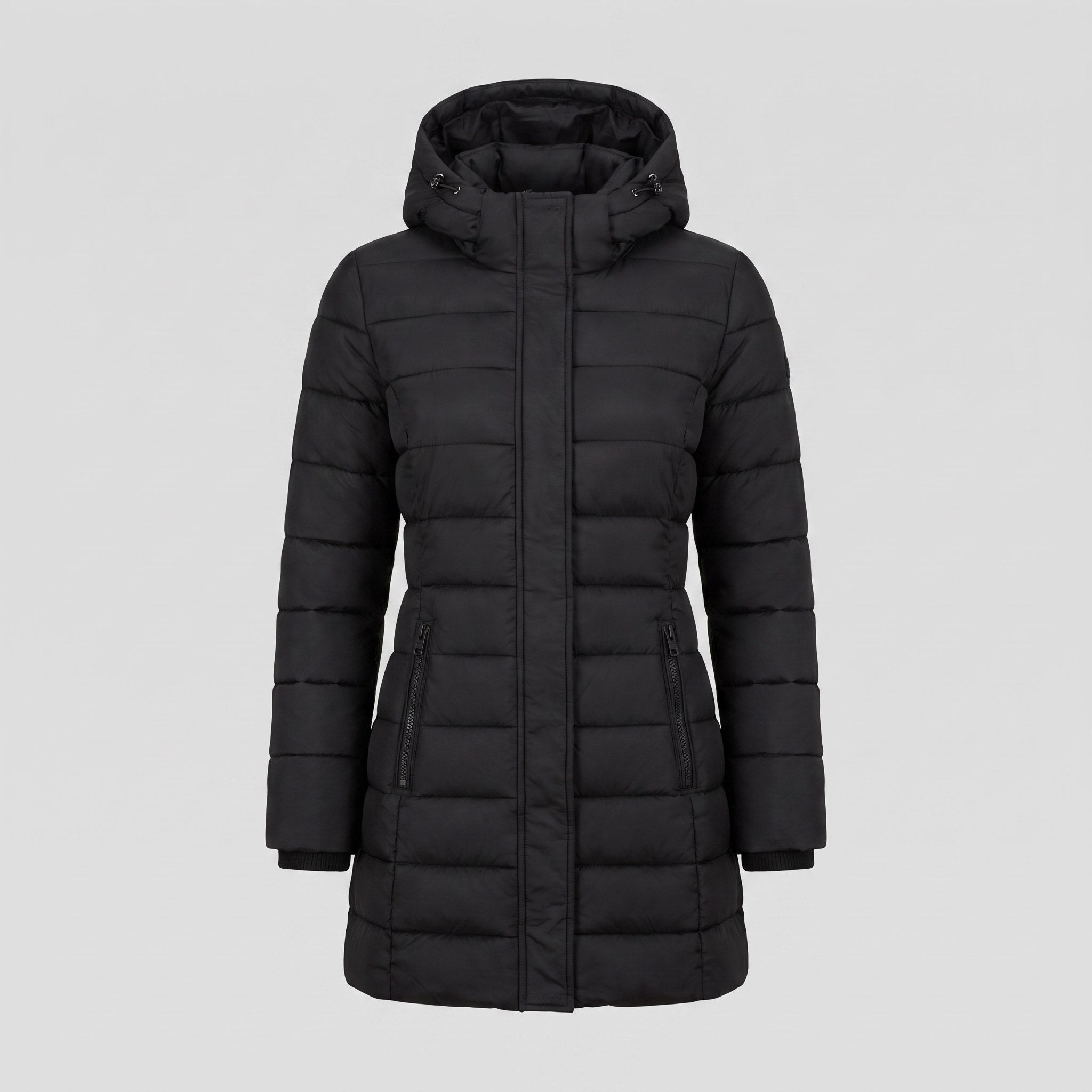Evara lightweight hooded puffer jacket in black, flat lay product shot