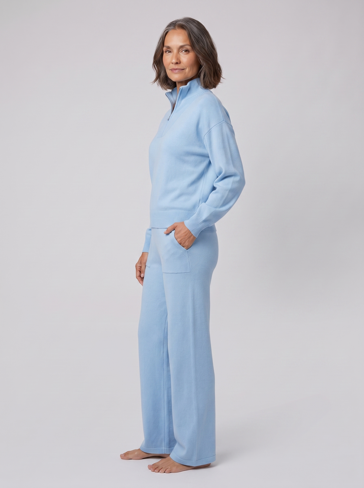 Fjorda half-zip knit lounge set in sky blue on model
