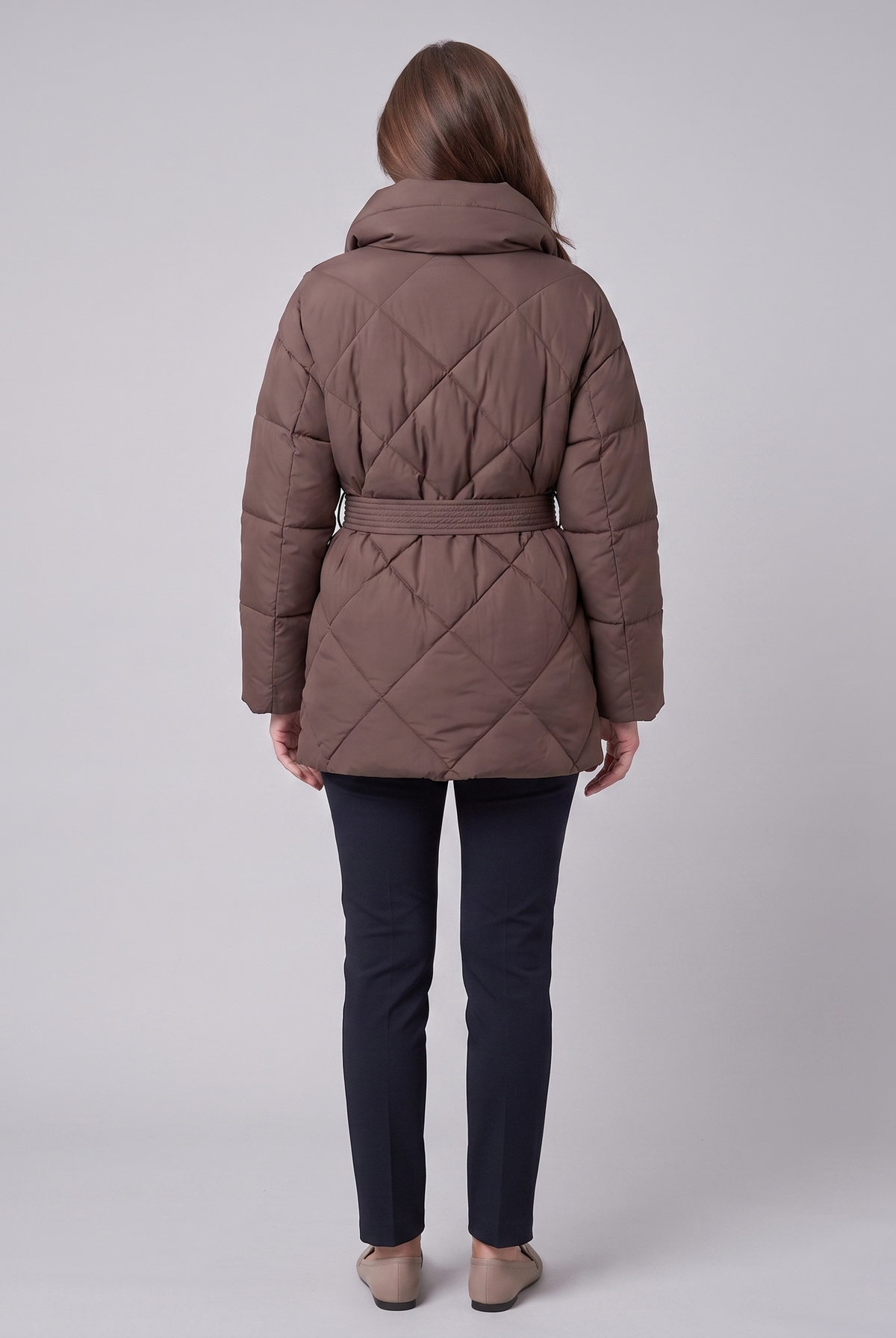 Haven belted puffer coat in brown, back view on model