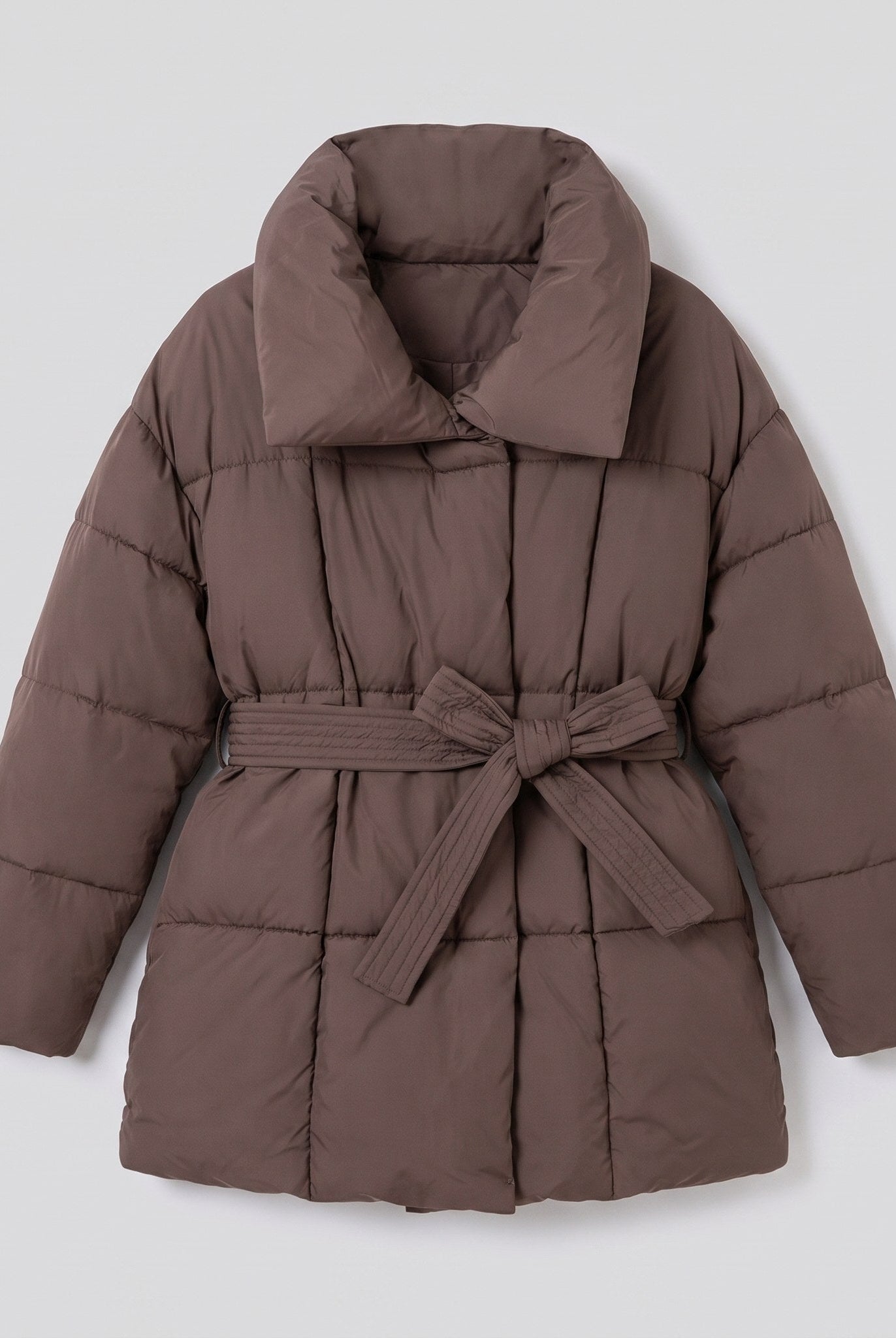 Haven belted puffer coat in brown, flat lay product shot
