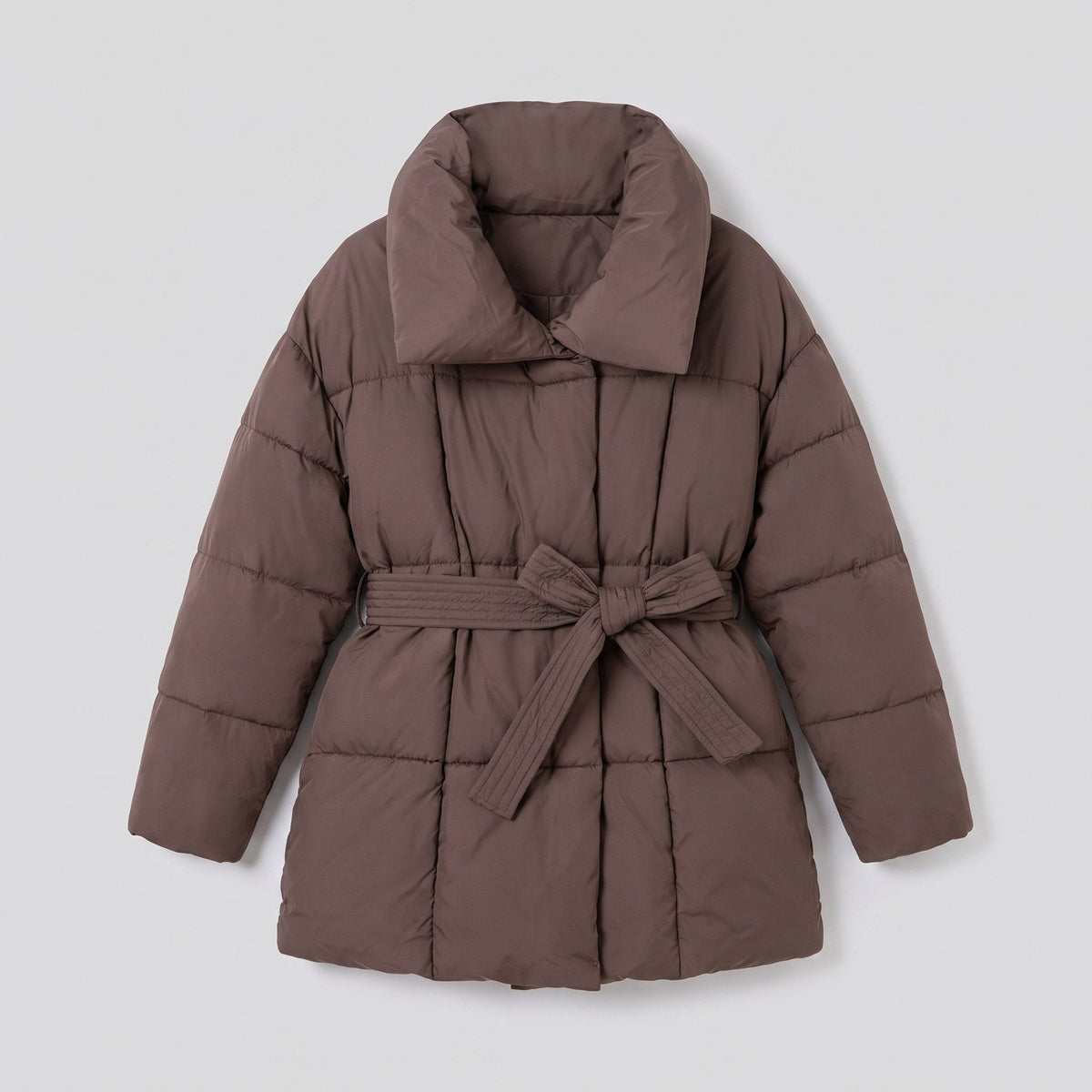 Haven belted puffer coat in brown, flat lay product shot
