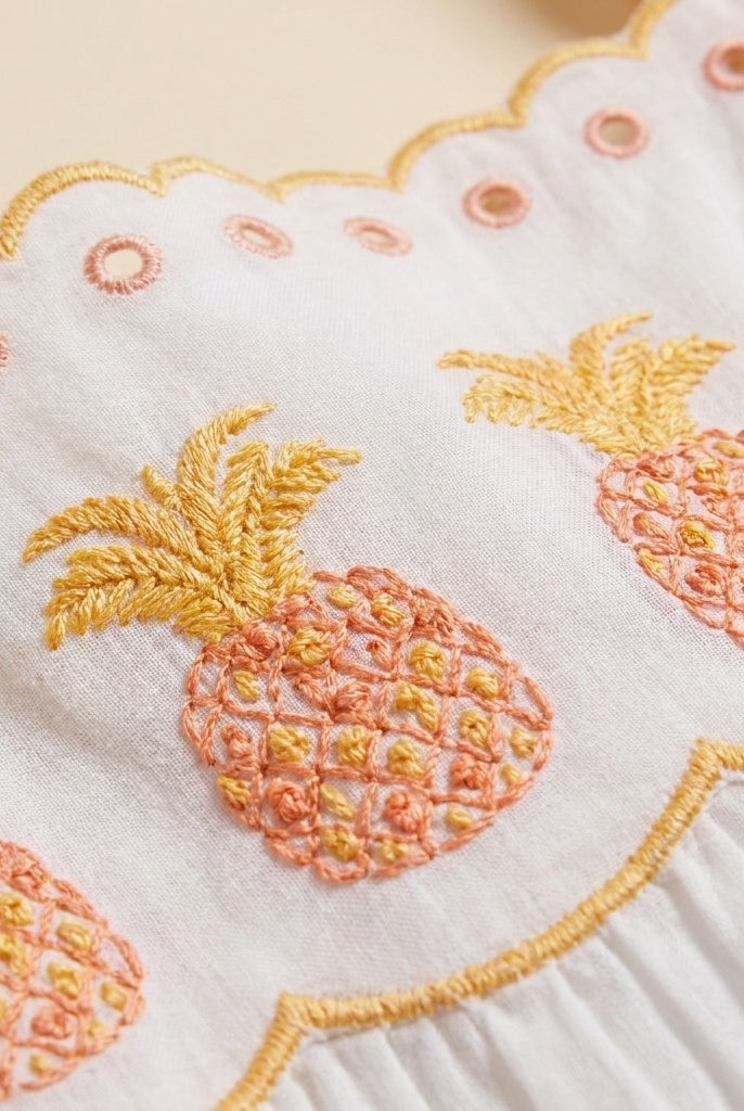 White embroidered pineapple maxi dress fabric close-up detail