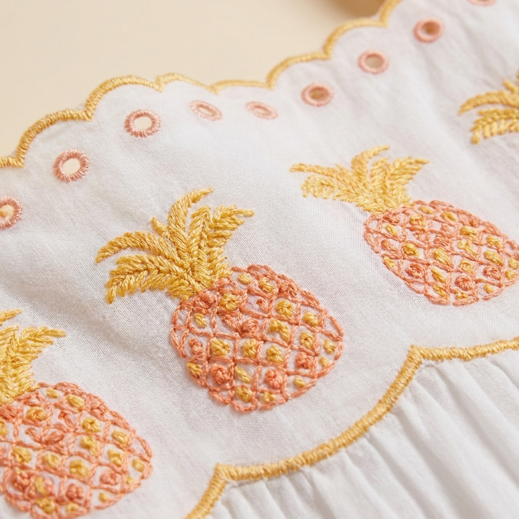 White embroidered pineapple maxi dress fabric close-up detail