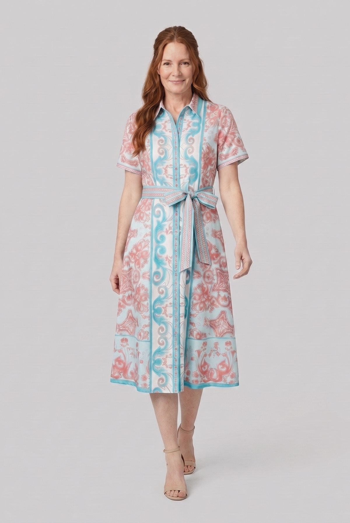White A-line collared midi dress, walking pose on model