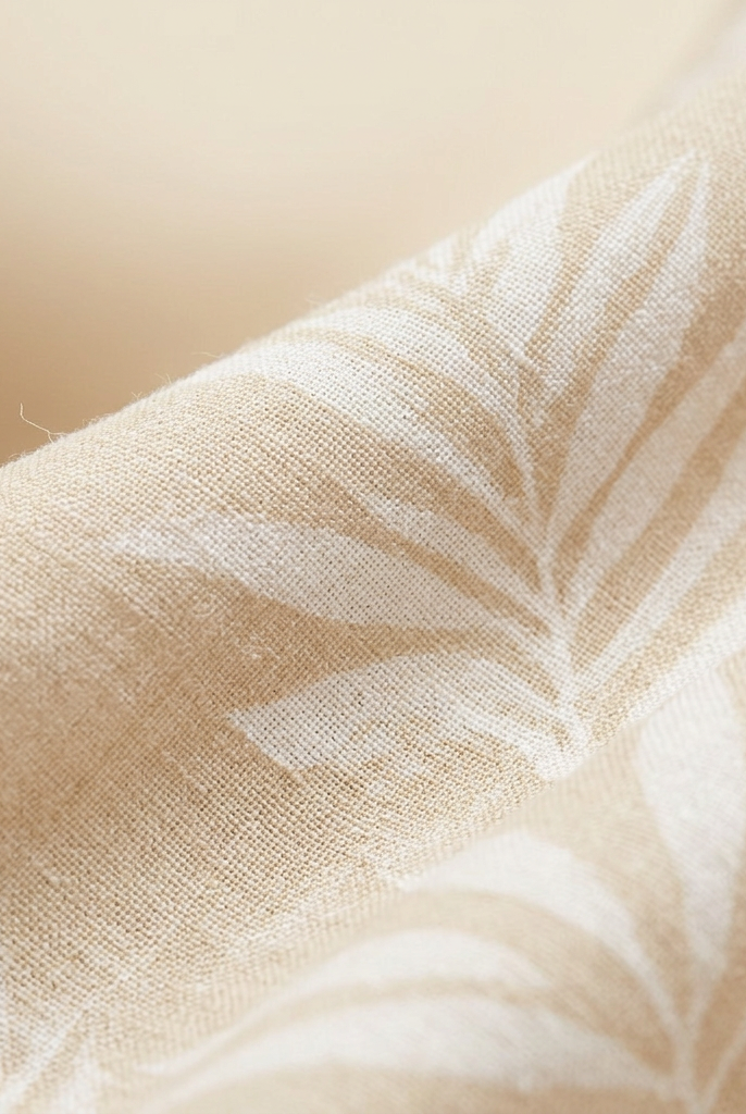 Tropical leaf print fabric close-up detail, beige cream base with green pattern