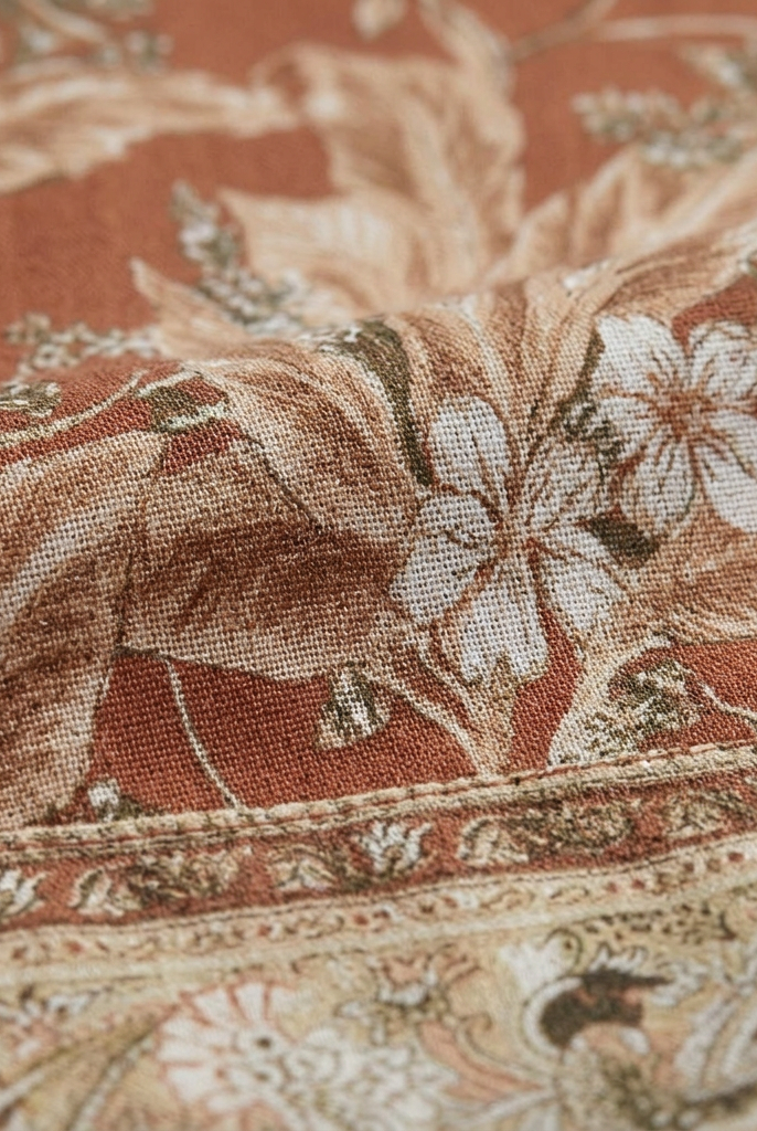 Brown floral print fabric close-up detail, delicate pattern with border hem