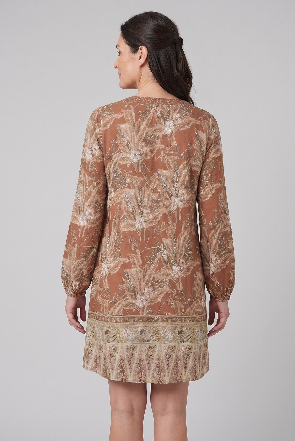 Brown floral shift mini dress, back view on model showing silhouette