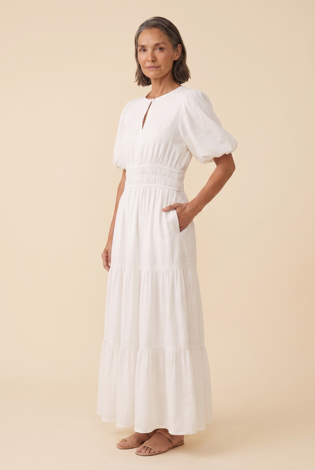 Citrine Cotton Midi Dress White - three quarter angle on model