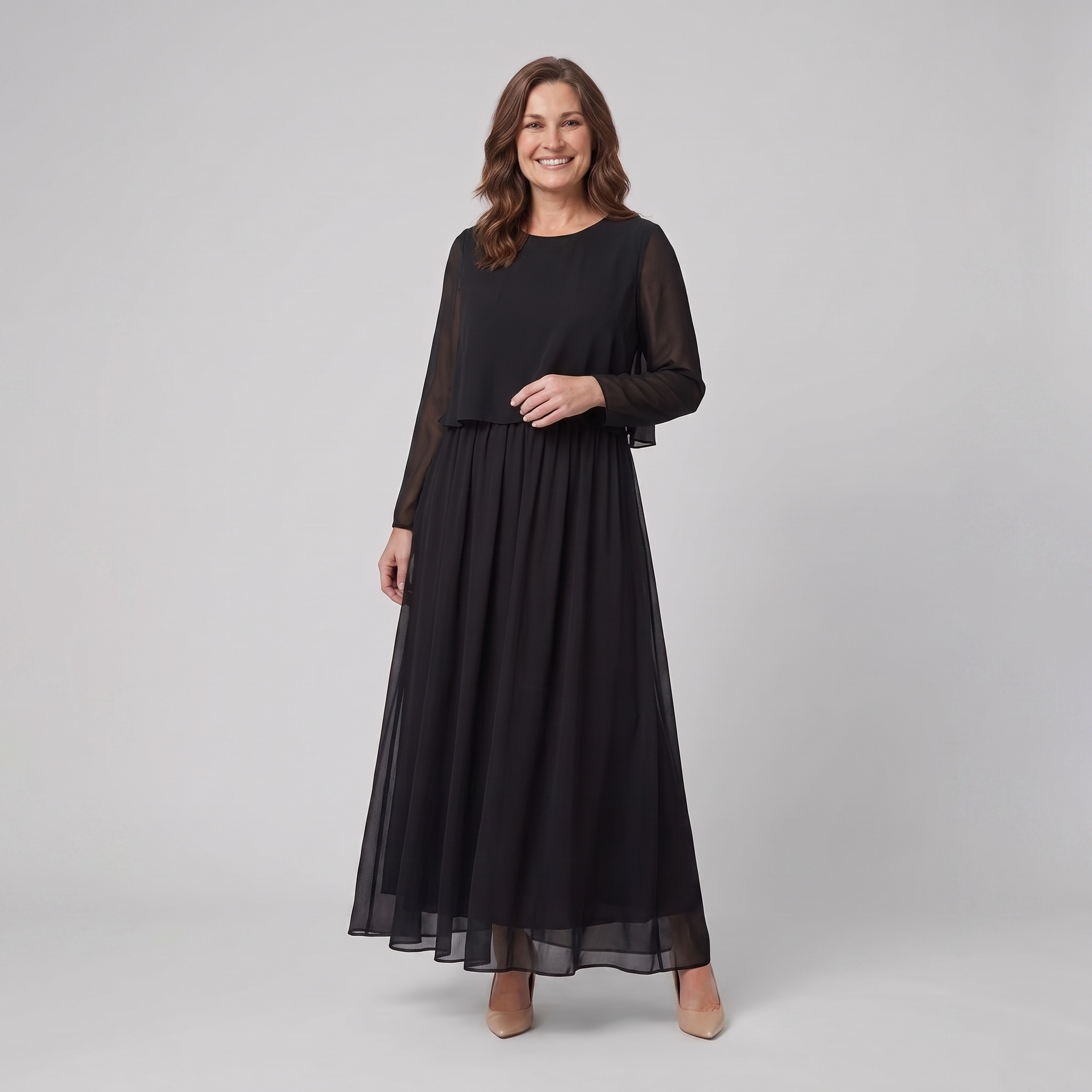 Cora Chiffon Maxi Dress Black - front view on model