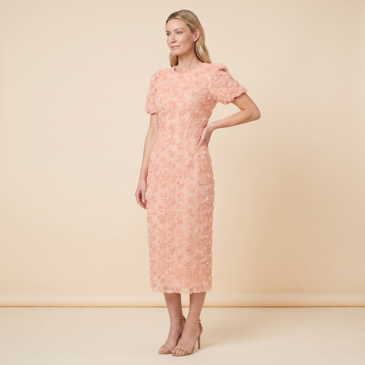 Dara Floral Midi Dress Peach Pink - three quarter angle on model
