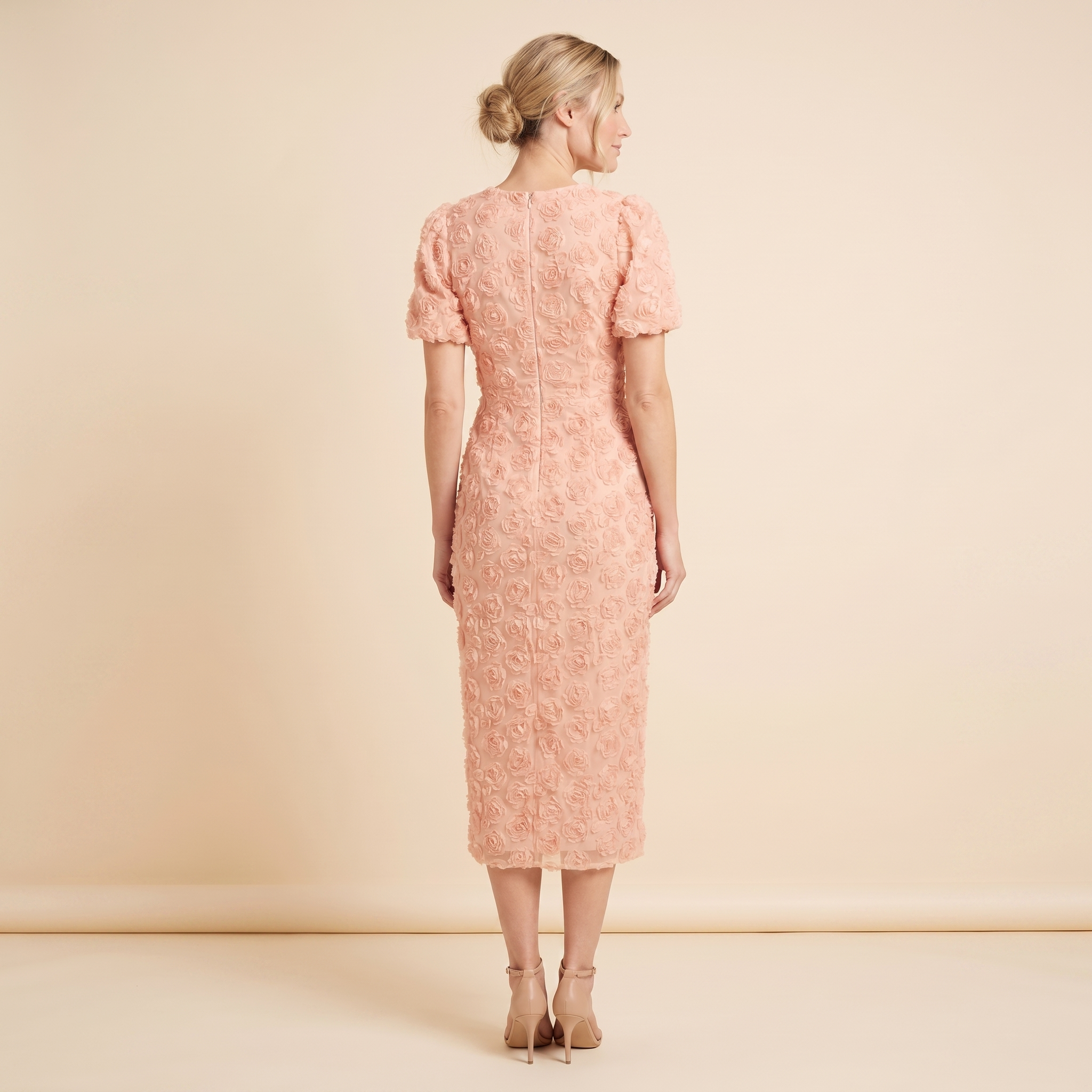 Dara Floral Midi Dress Peach Pink - back view on model