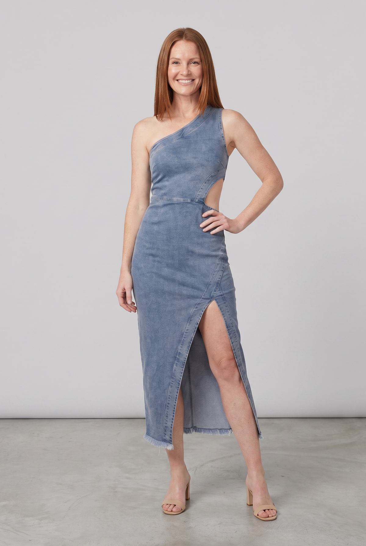 Dazzle Midi Dress in Steel Blue - front view on model