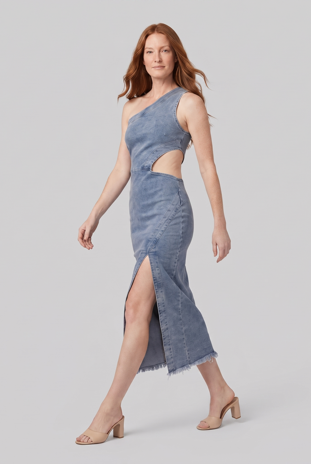 Dazzle Midi Dress in Steel Blue - walking pose on model