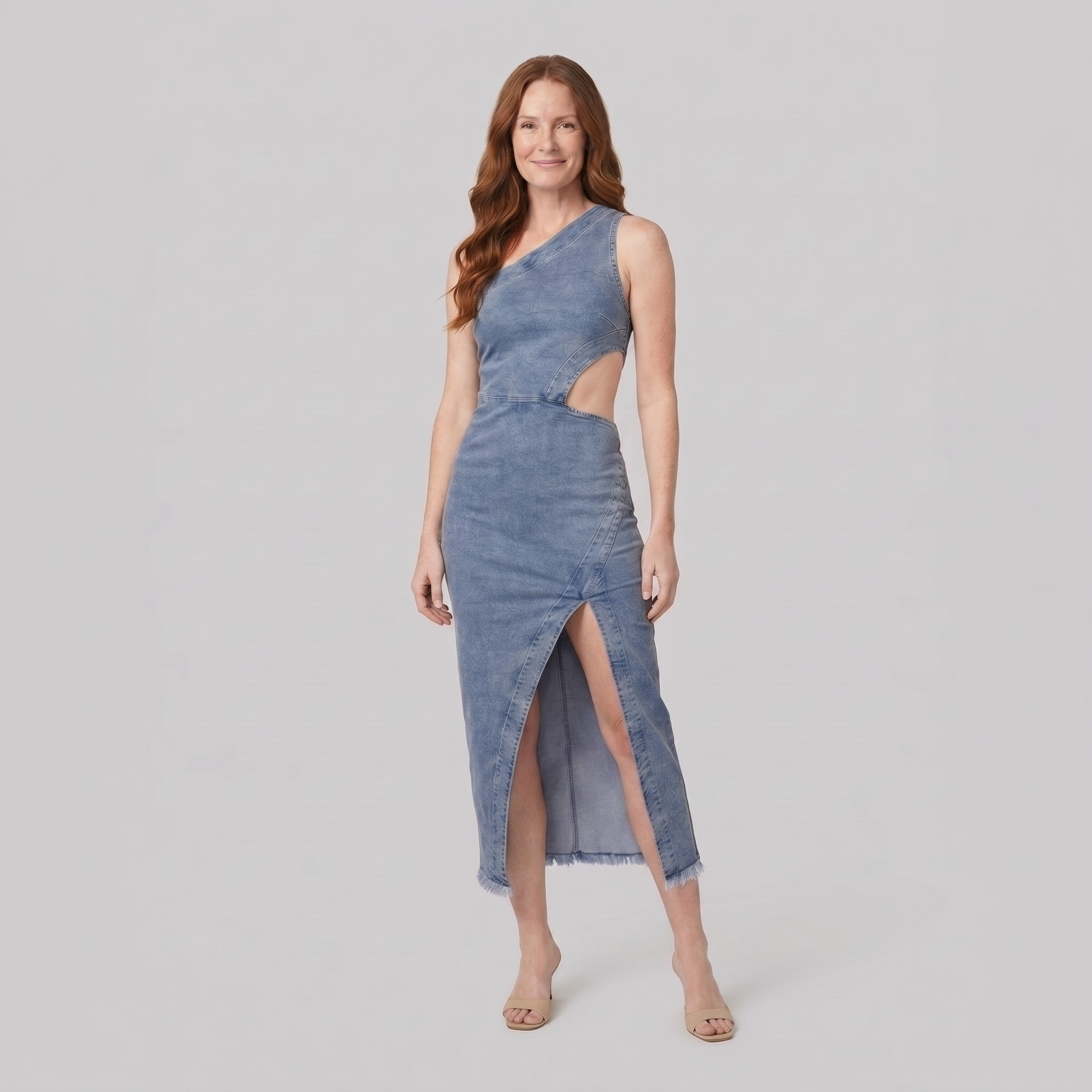 Dazzle Midi Dress in Steel Blue - angled view on model