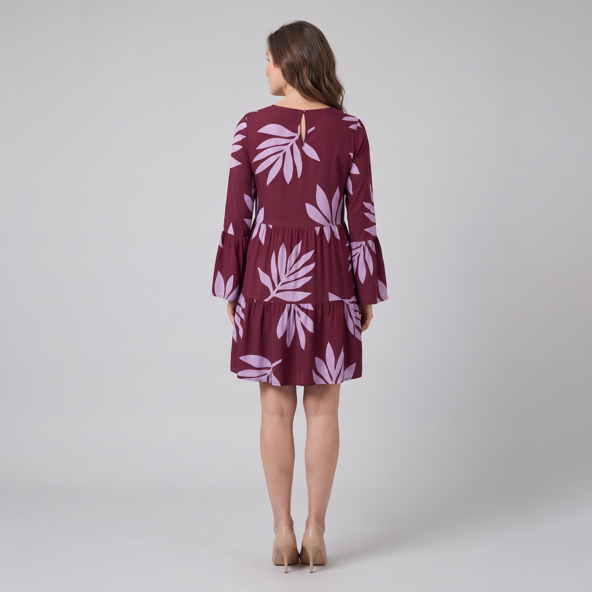 Kora Women's Dress bias cut tiered panels back view on model