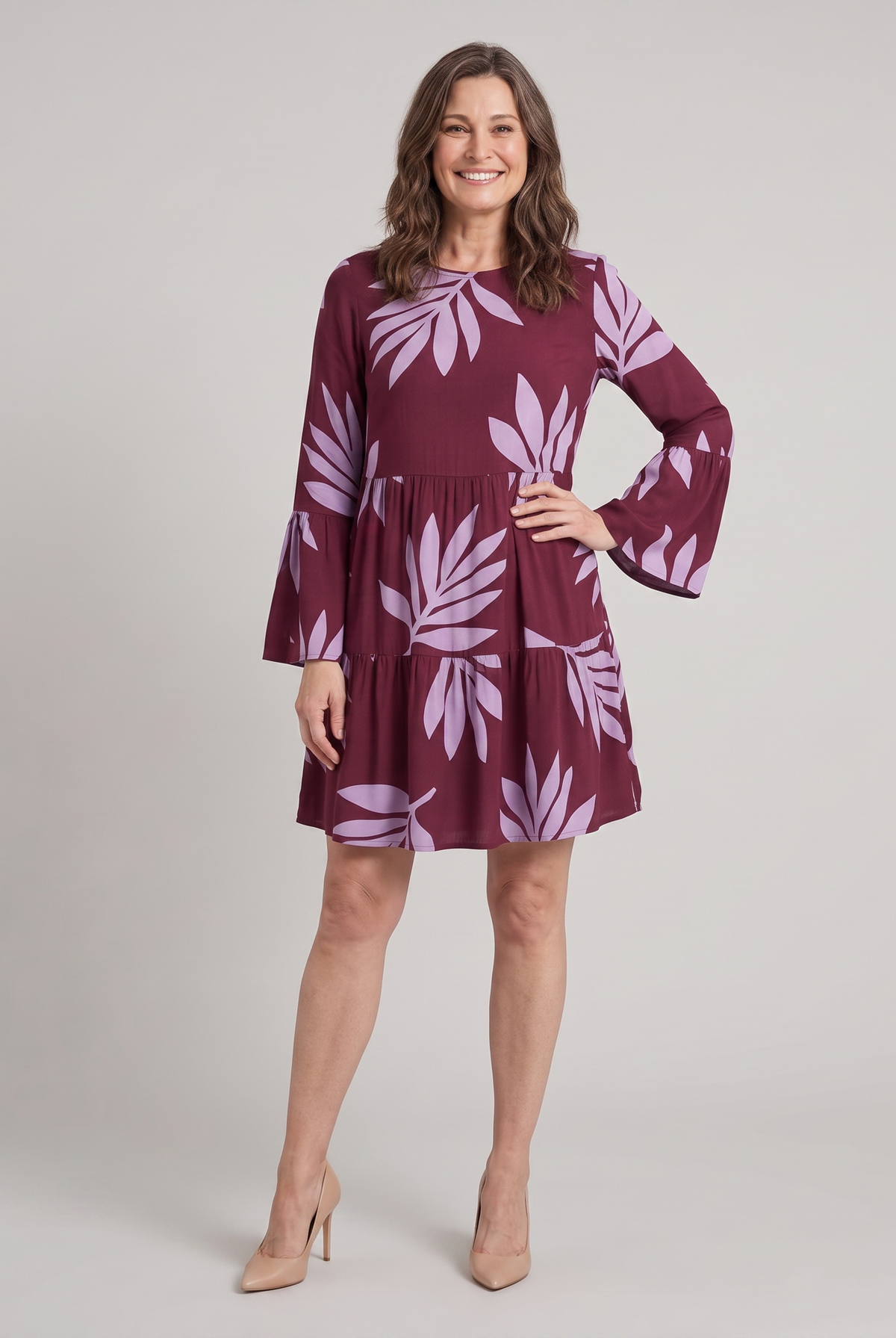 Kora Women's Dress bias cut tiered panels front view on model