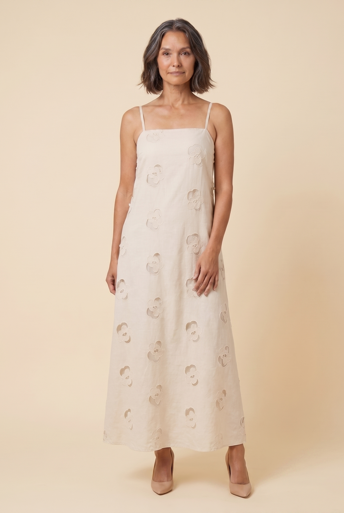Mira Maxi Dress beige cutwork A-line dress front view model